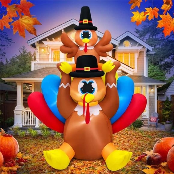 6FT Thanksgiving Inflatable Turkey Outdoor Decoration, LED Light Blow Up